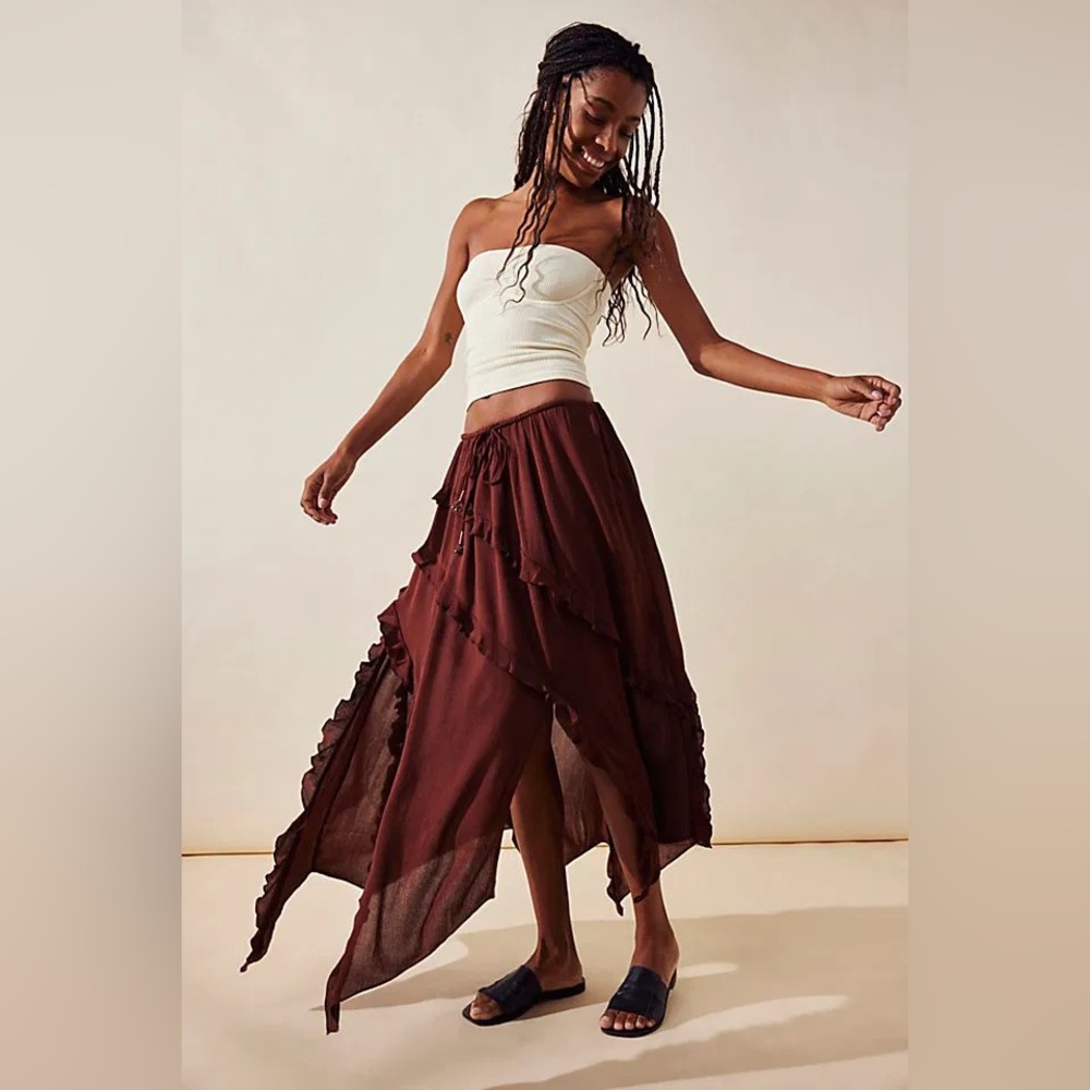 Free People Brown Maxi Ruffled Wrap Skirt